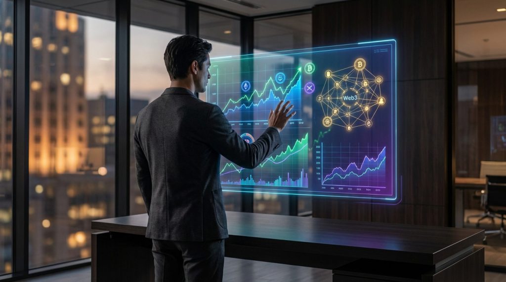 Man in suit interacts with large holographic display showing crypto charts, Web3 network, and financial data in a modern office with cityscape views at dusk.