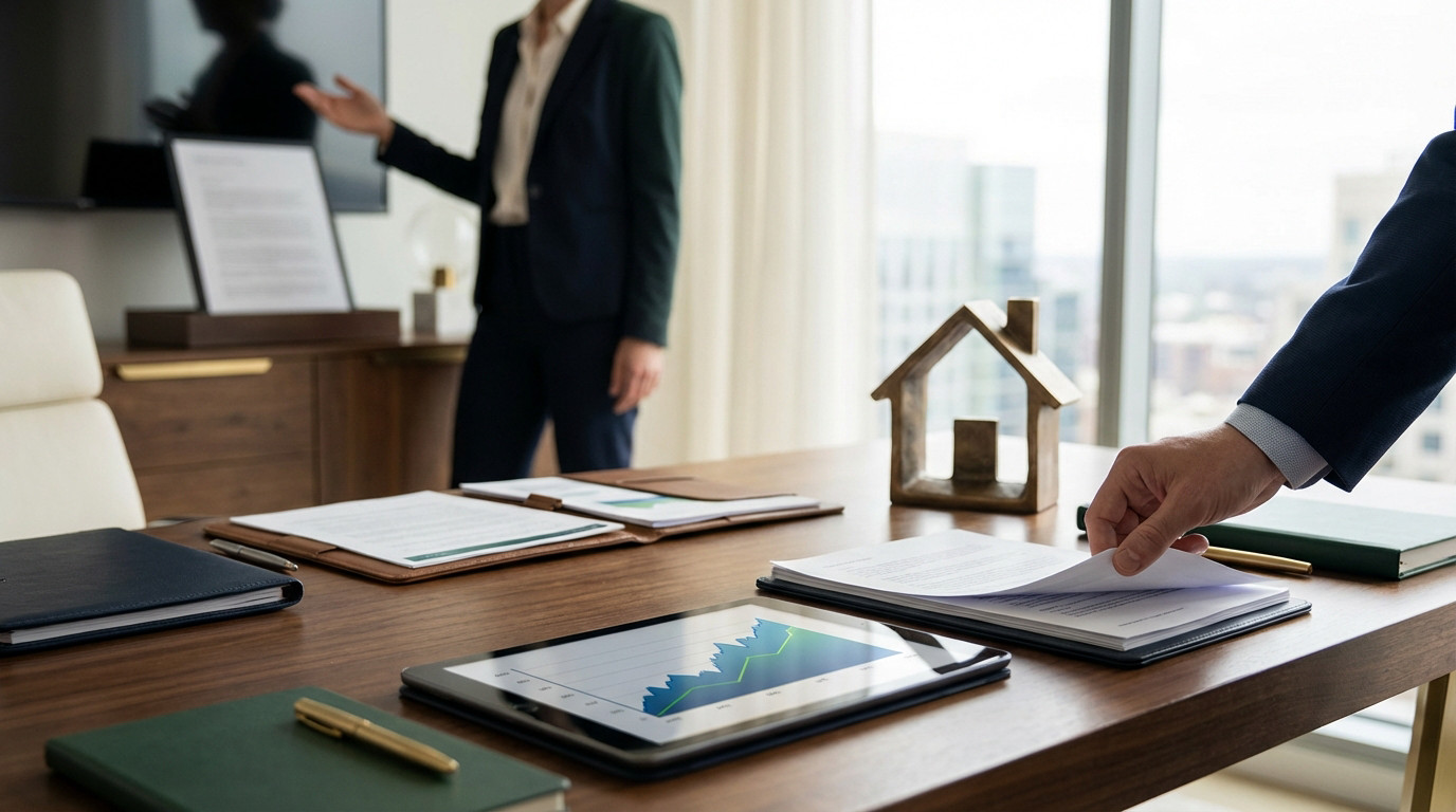 Close-up of a desk with financial documents, a tablet displaying an upward graph, and a house model. A hand places a document, with a blurred figure in the background.