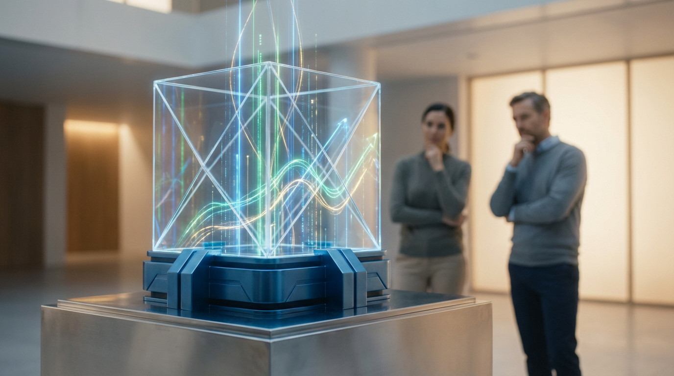 Transparent 3D cube with glowing financial data streams, representing a structured fund, observed by two professionals.