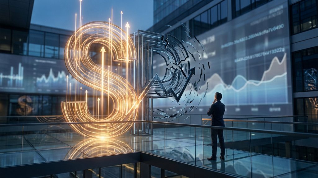 A man observes a glowing golden 'S' representing growth and a fragmented, dark structure for risk, against a financial data background.