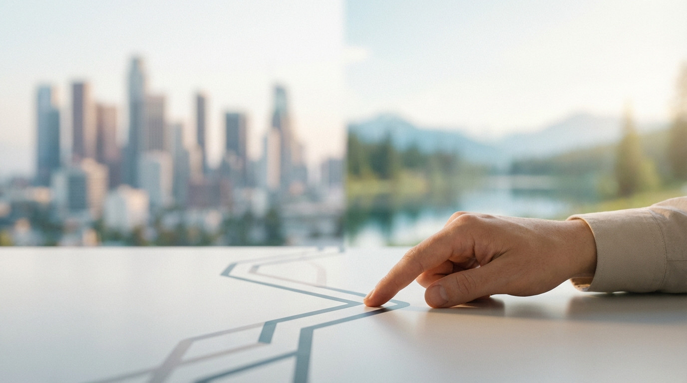Main neutre pointe un chemin stylisé sur un bureau moderne. Arrière-plan flou: ville à gauche, nature à droite.