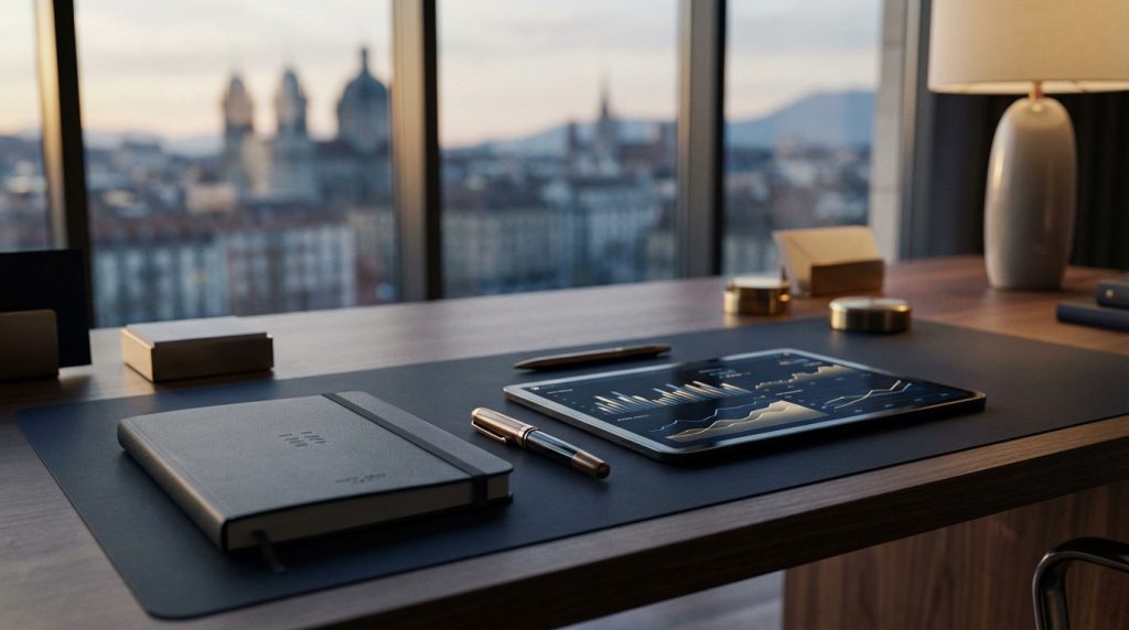 Mesa de trabalho minimalista com notebook, caneta e tablet exibindo dados financeiros contra uma Genebra desfocada ao entardecer.