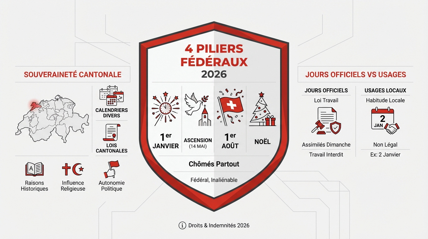 4 piliers fédéraux 2026 jours fériés suisses et cantons