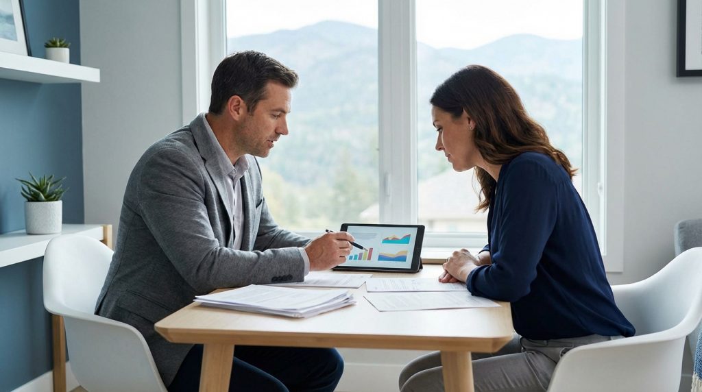 Un conseiller pointe des graphiques sur une tablette à une femme, entourés de documents sur une table en bois.