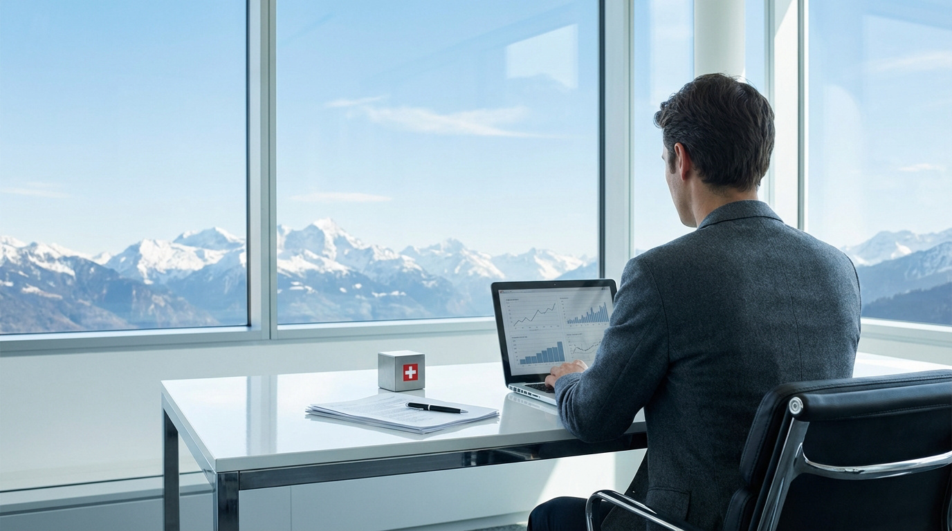 Homme travaillant sur son ordinateur portable dans un bureau moderne avec une vue imprenable sur les Alpes suisses. Un cube suisse est sur son bureau.