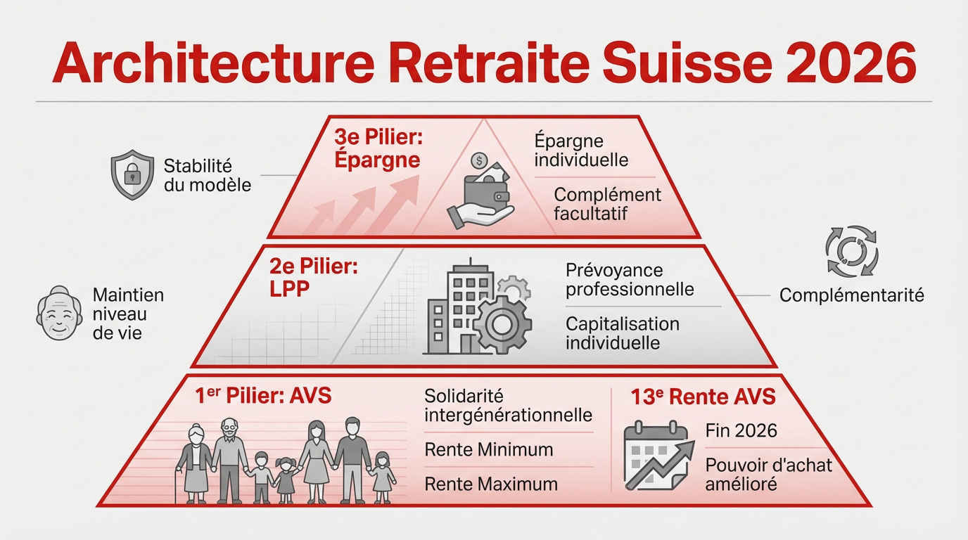 Schéma de l'architecture du système de retraite en Suisse avec les trois piliers