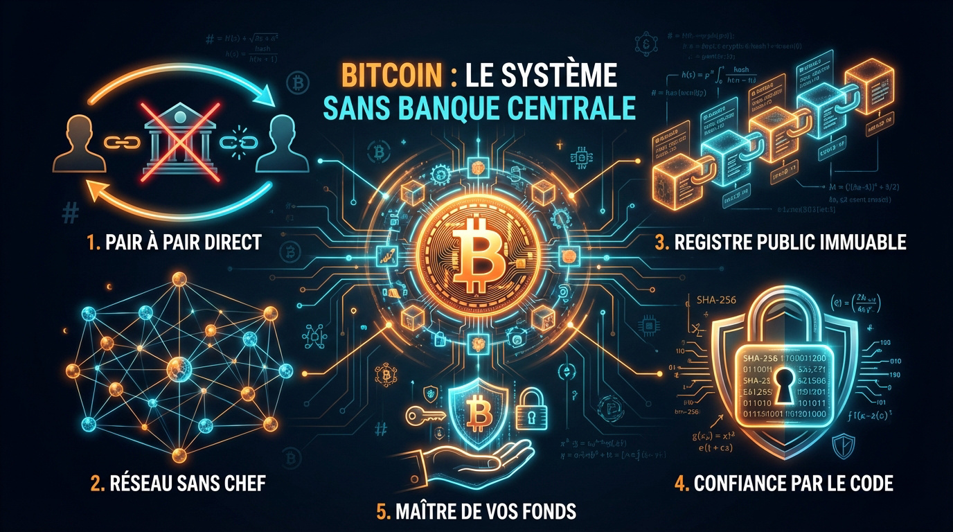 Illustration du réseau Bitcoin décentralisé sans banque centrale