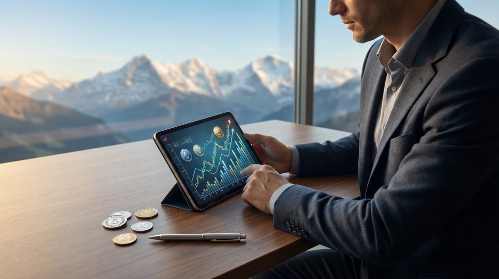 Un homme en costume analyse des graphiques d'investissement sur une tablette, avec les Alpes suisses enneigées en arrière-plan. Pièces et stylo sur la table.