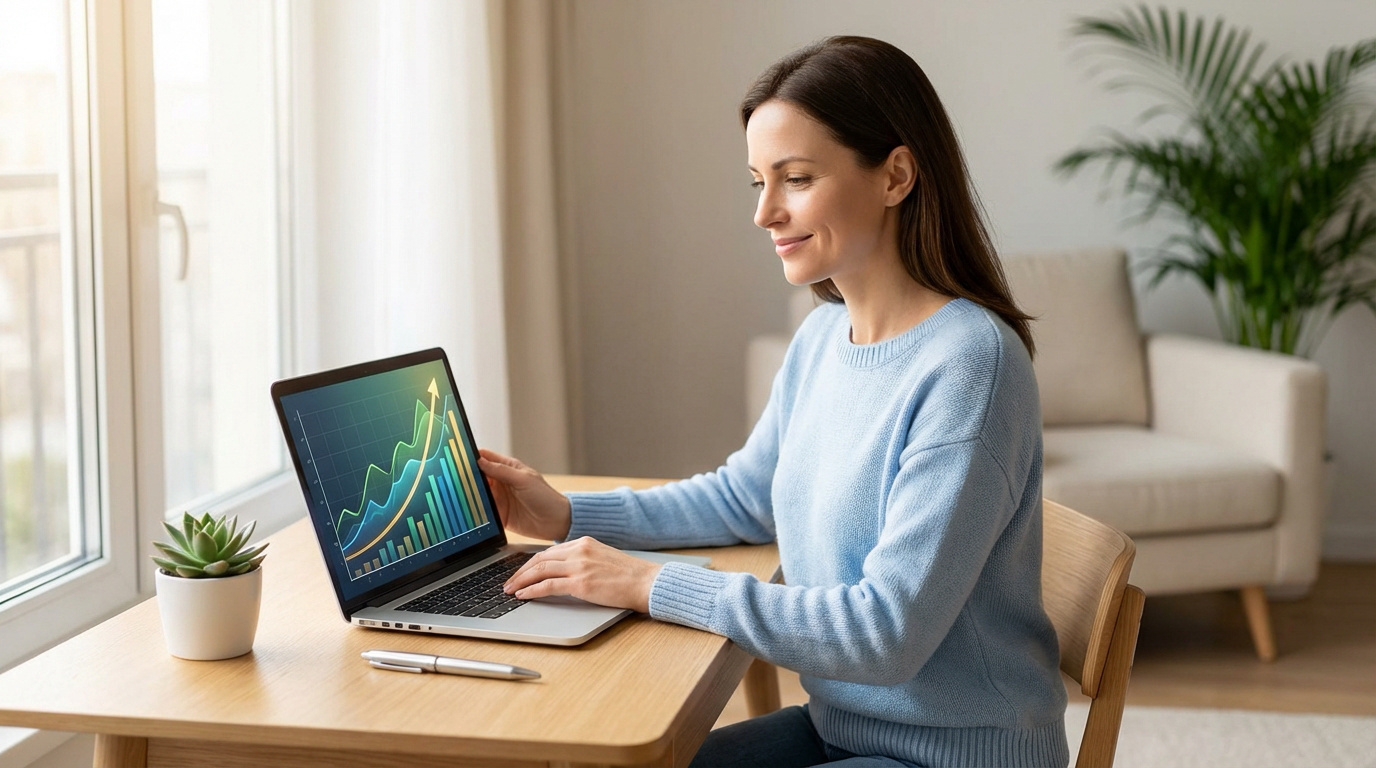 Femme souriante regardant un graphique de croissance financière sur son laptop. Elle gère son épargne retraite pour un avenir serein.