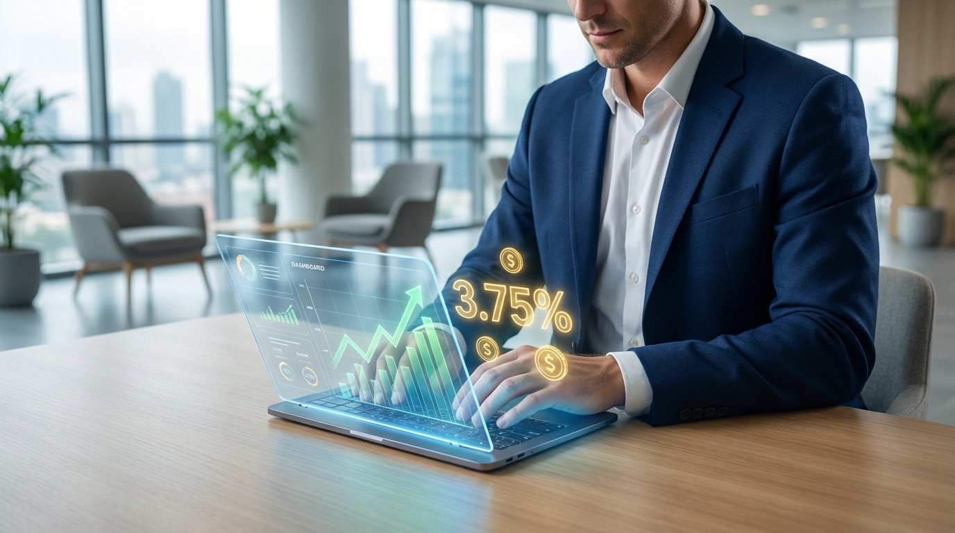 Un homme d'affaires devant un ordinateur portable affichant des graphiques financiers holographiques avec 3.75% et des pièces. Bureau moderne.
