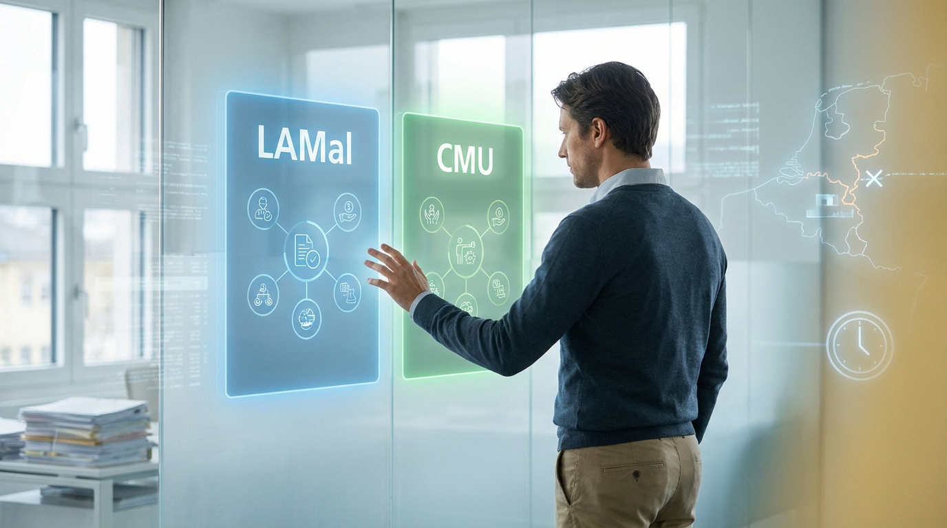 Homme interagissant avec un écran tactile affichant LAMal et CMU. Représente la simplification des démarches d'assurance maladie frontalière.