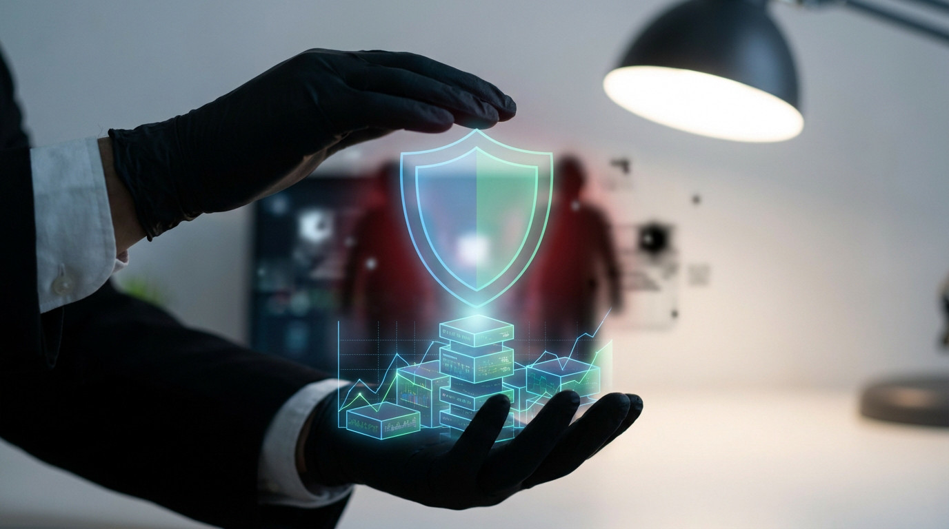 Gloved hands protect glowing digital financial assets with a transparent shield from blurred, red digital threats in the background.