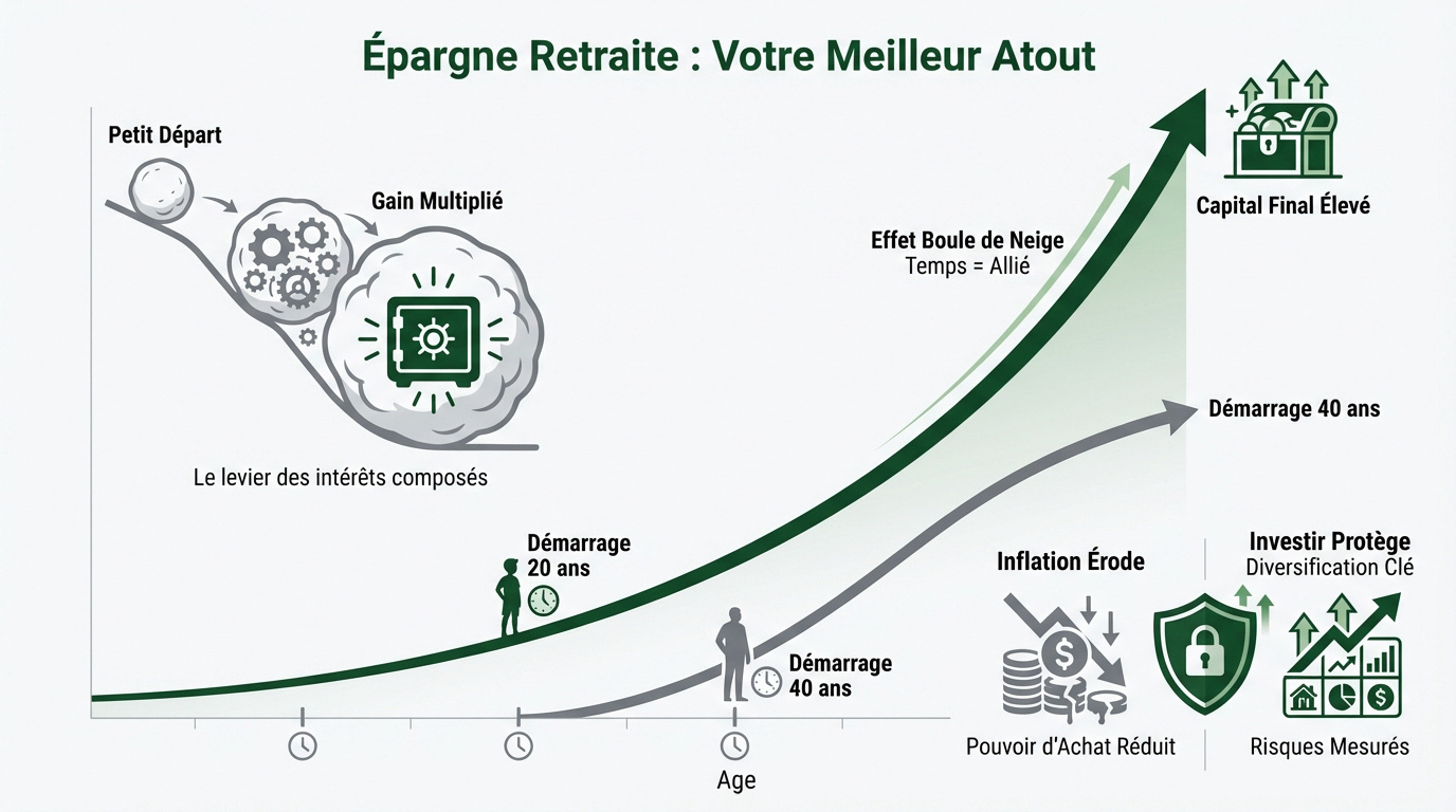 Graphique illustrant la croissance exponentielle de l'épargne retraite grâce aux intérêts composés