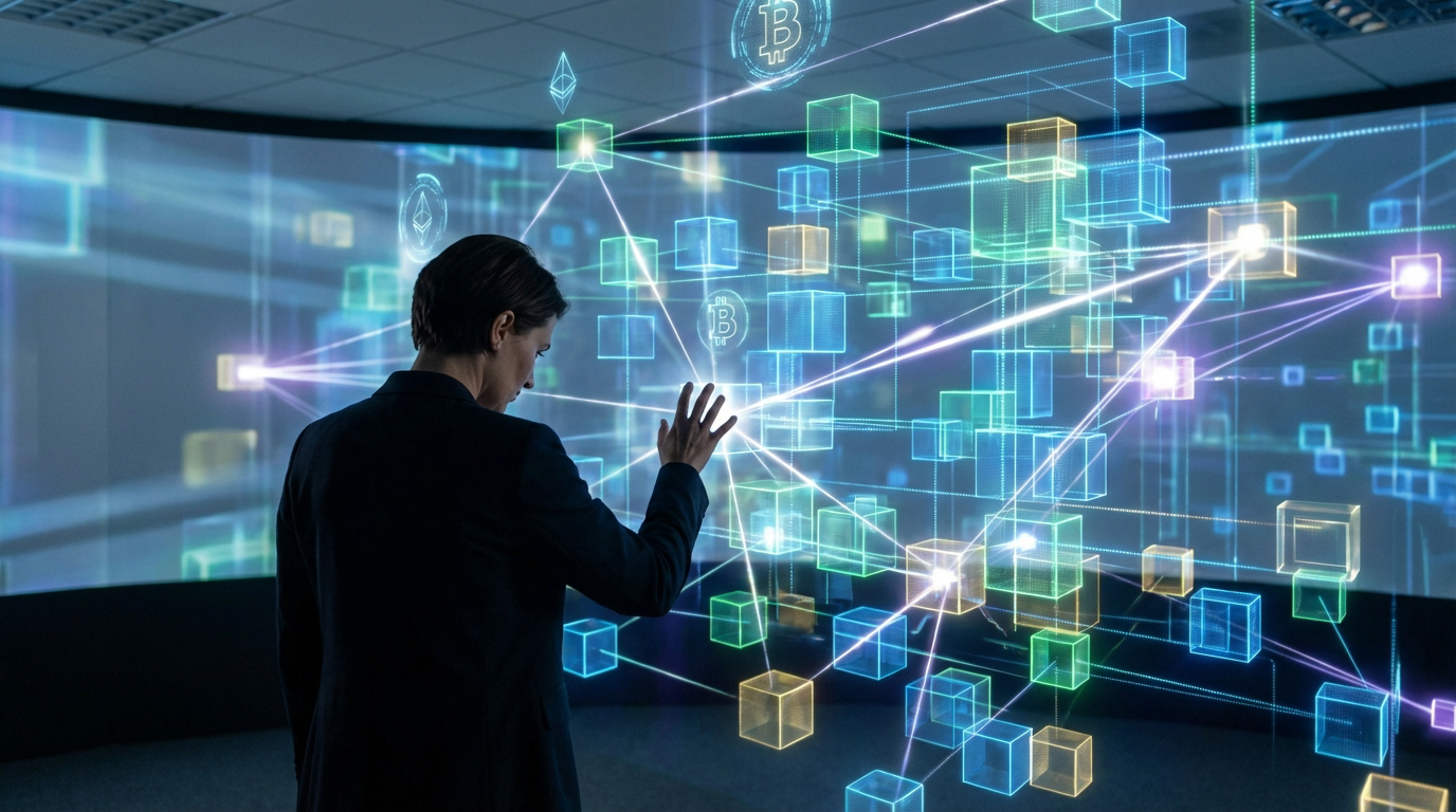 Un individu en costume interagit avec un écran géant affichant un réseau lumineux de cubes 3D connectés, avec les logos Bitcoin et Ethereum.