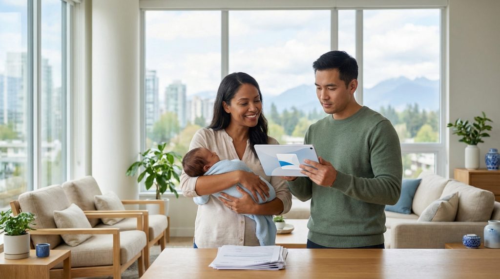 Un couple souriant avec un nouveau-né regarde une tablette. Des documents sur la table suggèrent la planification des congés familiaux.