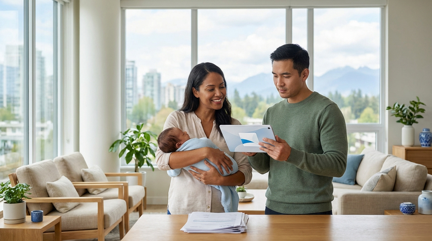 Un couple souriant avec un nouveau-né regarde une tablette. Des documents sur la table suggèrent la planification des congés familiaux.