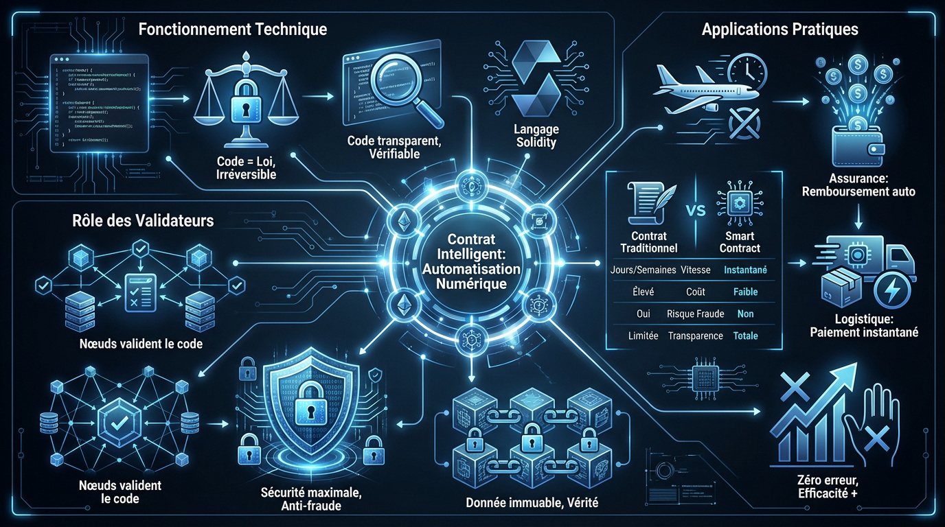 Infographie expliquant le fonctionnement et l'automatisation des contrats intelligents sur Ethereum