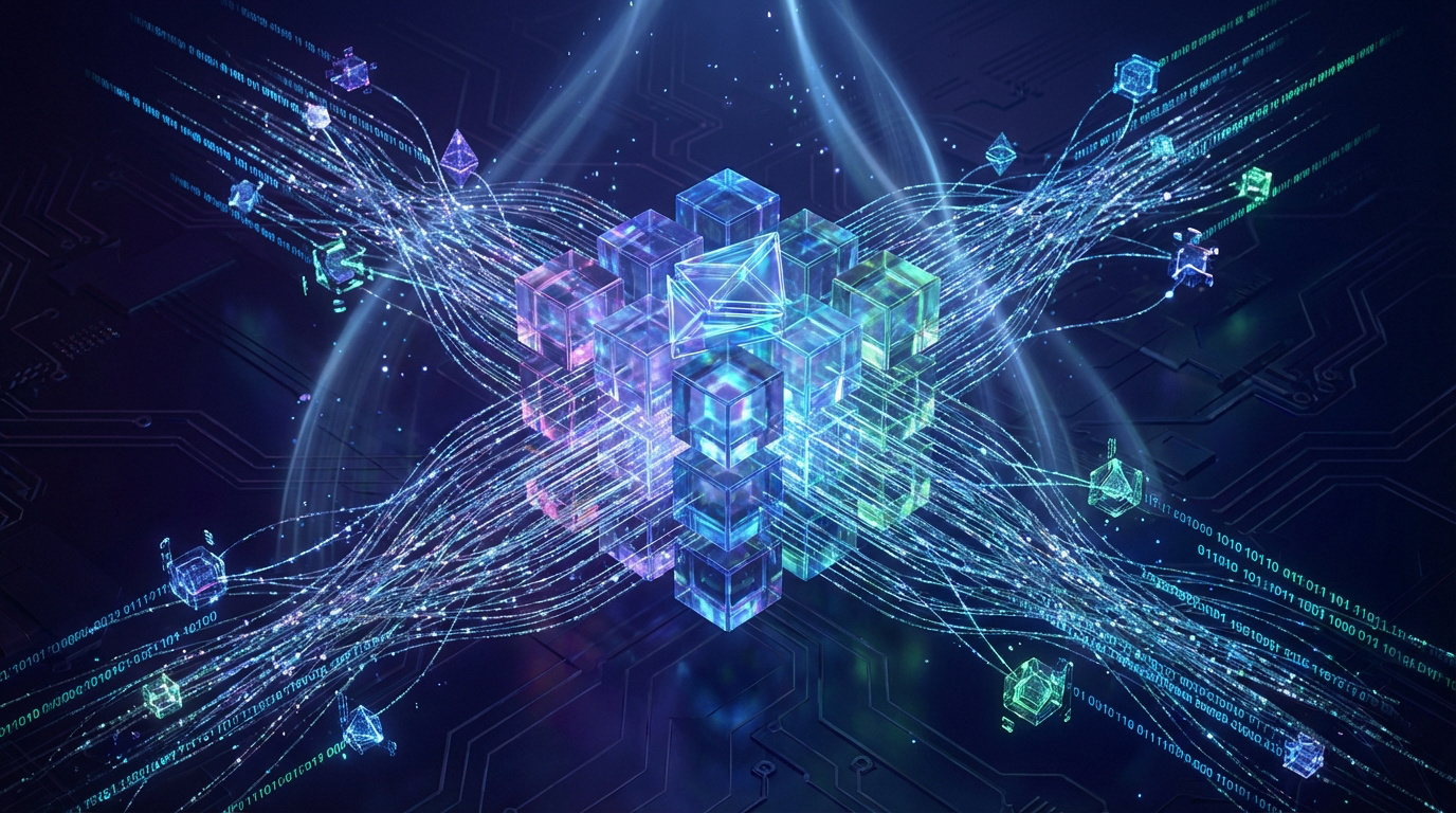 Ethereum: Blocs lumineux et flux de données sur fond technologique sombre.