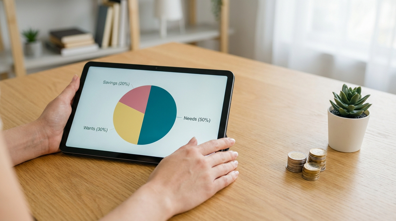 Des mains tiennent une tablette affichant un diagramme circulaire 50/30/20 pour le budget (Besoins, Désirs, Épargne). Des pièces et une plante succulente sont sur la table.