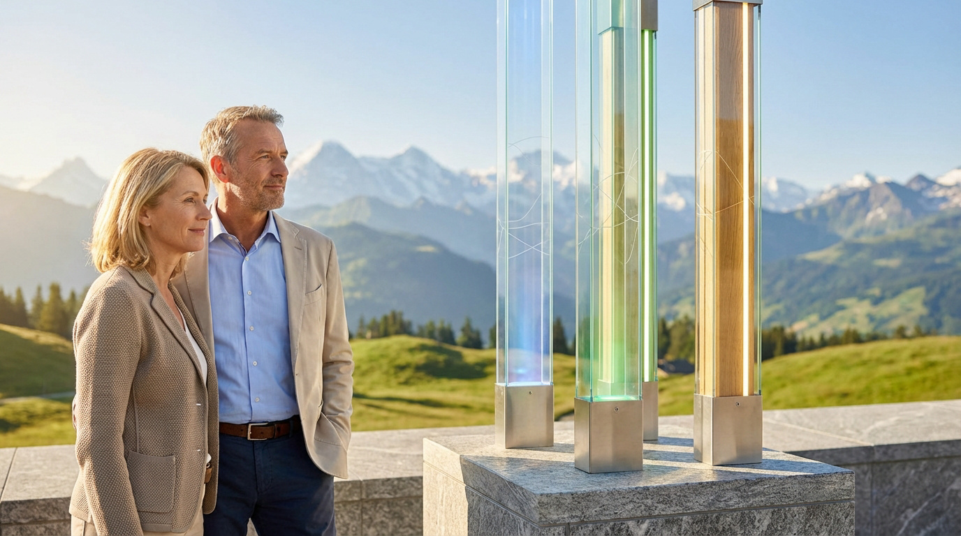 Couple senior contemplant un paysage alpin suisse avec trois piliers lumineux symbolisant le système de retraite.