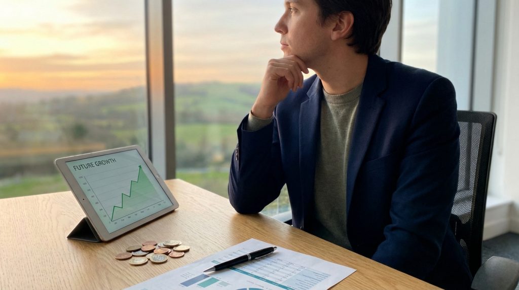Homme contemplant l'avenir près d'une fenêtre. Sur le bureau: tablette avec graphique de croissance, pièces et documents financiers.