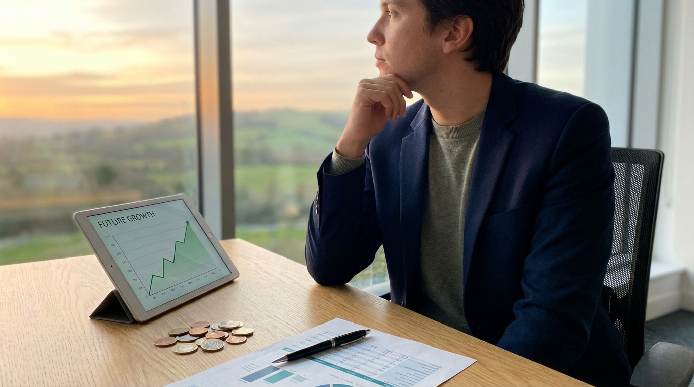 Homme contemplant l'avenir près d'une fenêtre. Sur le bureau: tablette avec graphique de croissance, pièces et documents financiers.