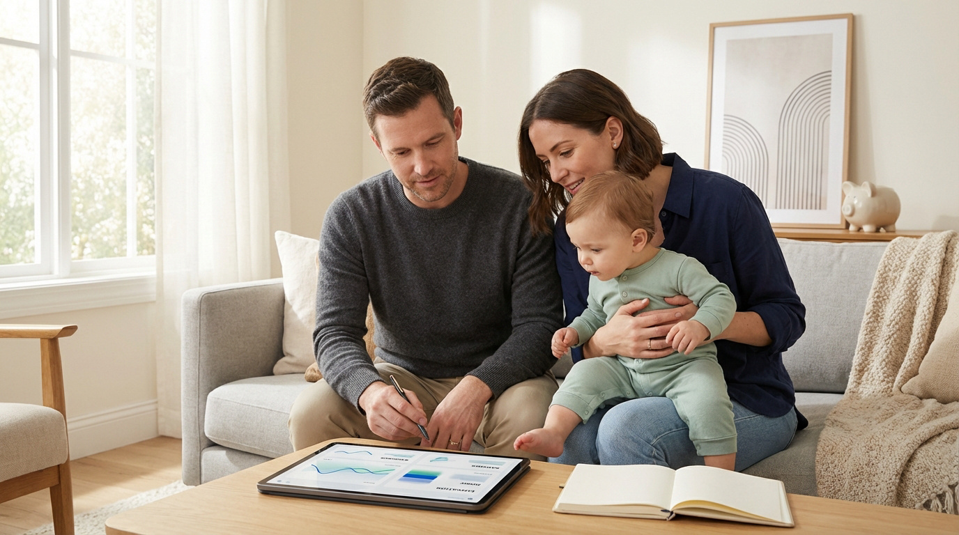Parents et bébé analysent un budget familial sur tablette. Le père écrit, la mère tient l'enfant, une tirelire est visible.