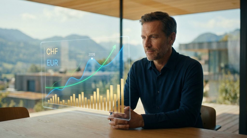 Homme regardant un graphique financier holographique avec CHF, EUR et prévisions 2026, symbolisant la gestion de budget.