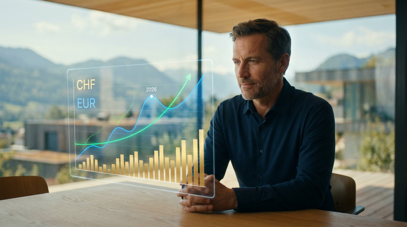Homme regardant un graphique financier holographique avec CHF, EUR et prévisions 2026, symbolisant la gestion de budget.