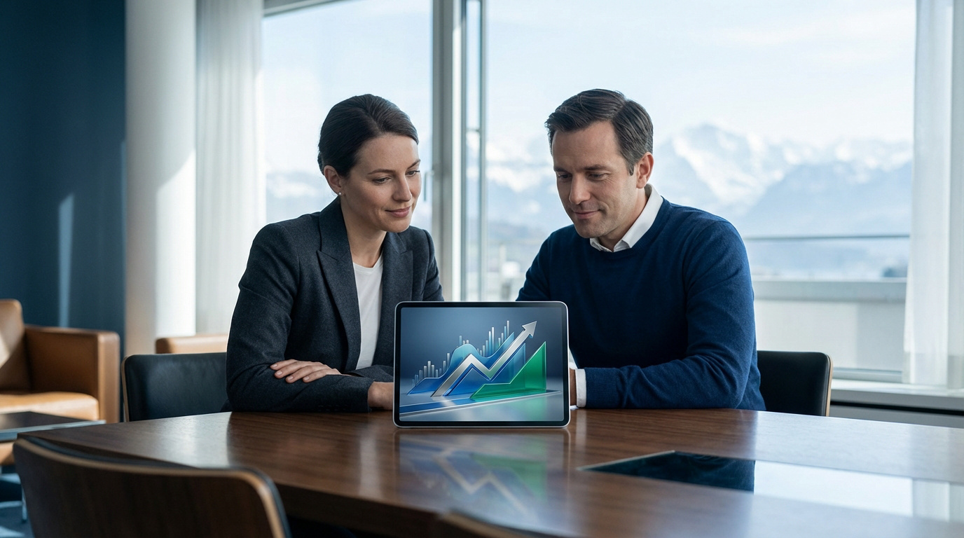 Deux professionnels regardent un graphique de croissance financière sur une tablette, avec des montagnes suisses en arrière-plan.