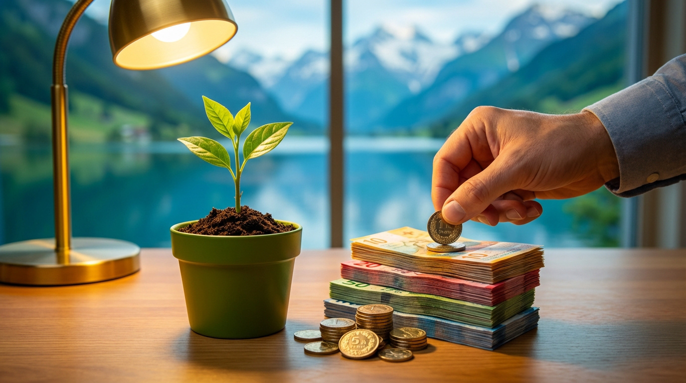 Main déposant une pièce sur de l'argent, une plante pousse sous une lampe, symbolisant croissance financière et épargne.