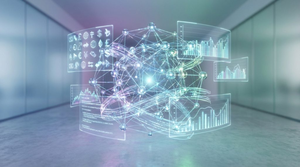 Représentation 3D d'un réseau décentralisé lumineux entouré d'écrans holographiques avec symboles financiers, graphiques et code.