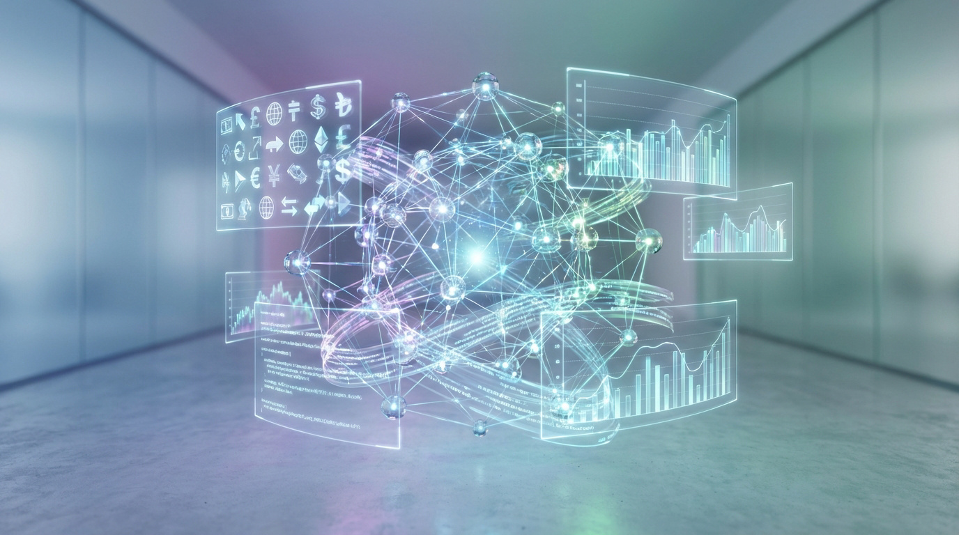 Représentation 3D d'un réseau décentralisé lumineux entouré d'écrans holographiques avec symboles financiers, graphiques et code.