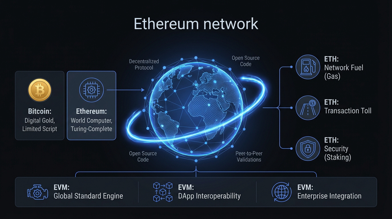 Schéma explicatif du réseau Ethereum, de l'Ether et de l'EVM