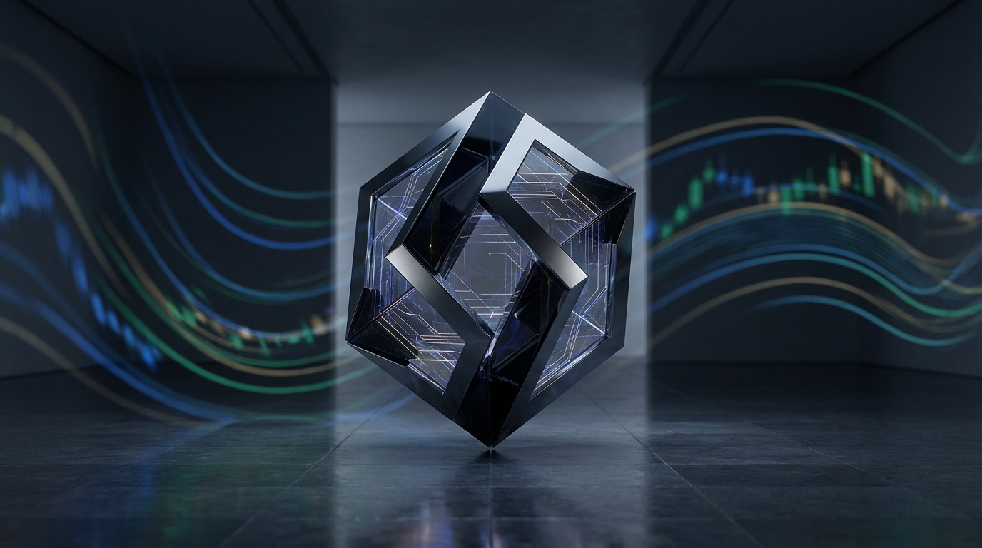 Objet géométrique futuriste avec circuits et transparence, devant des graphiques boursiers et des courbes de données.