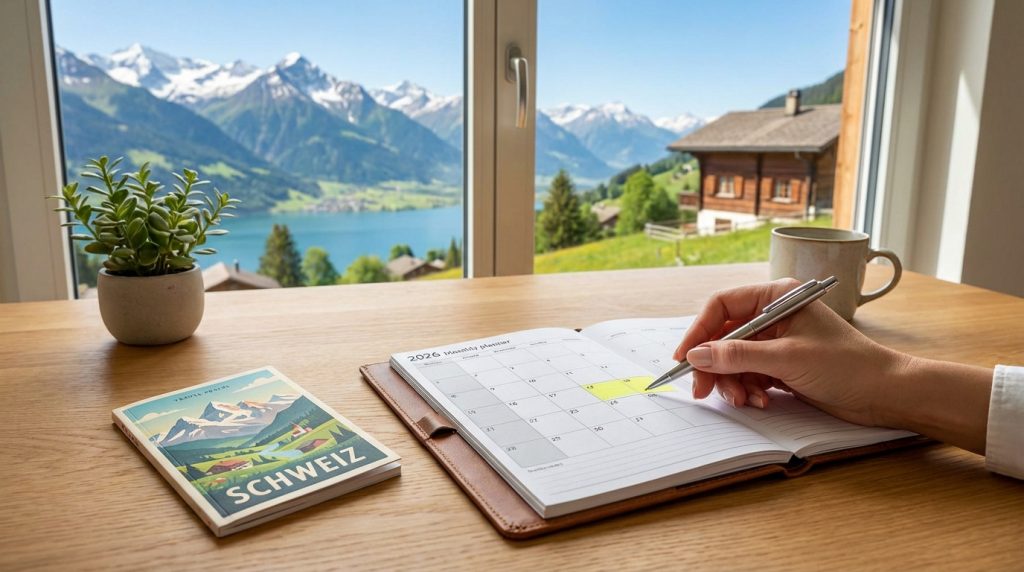 Une main inscrit des notes dans un agenda mensuel 2026, posé sur un bureau en bois avec un livre sur la Suisse et une vue alpine.
