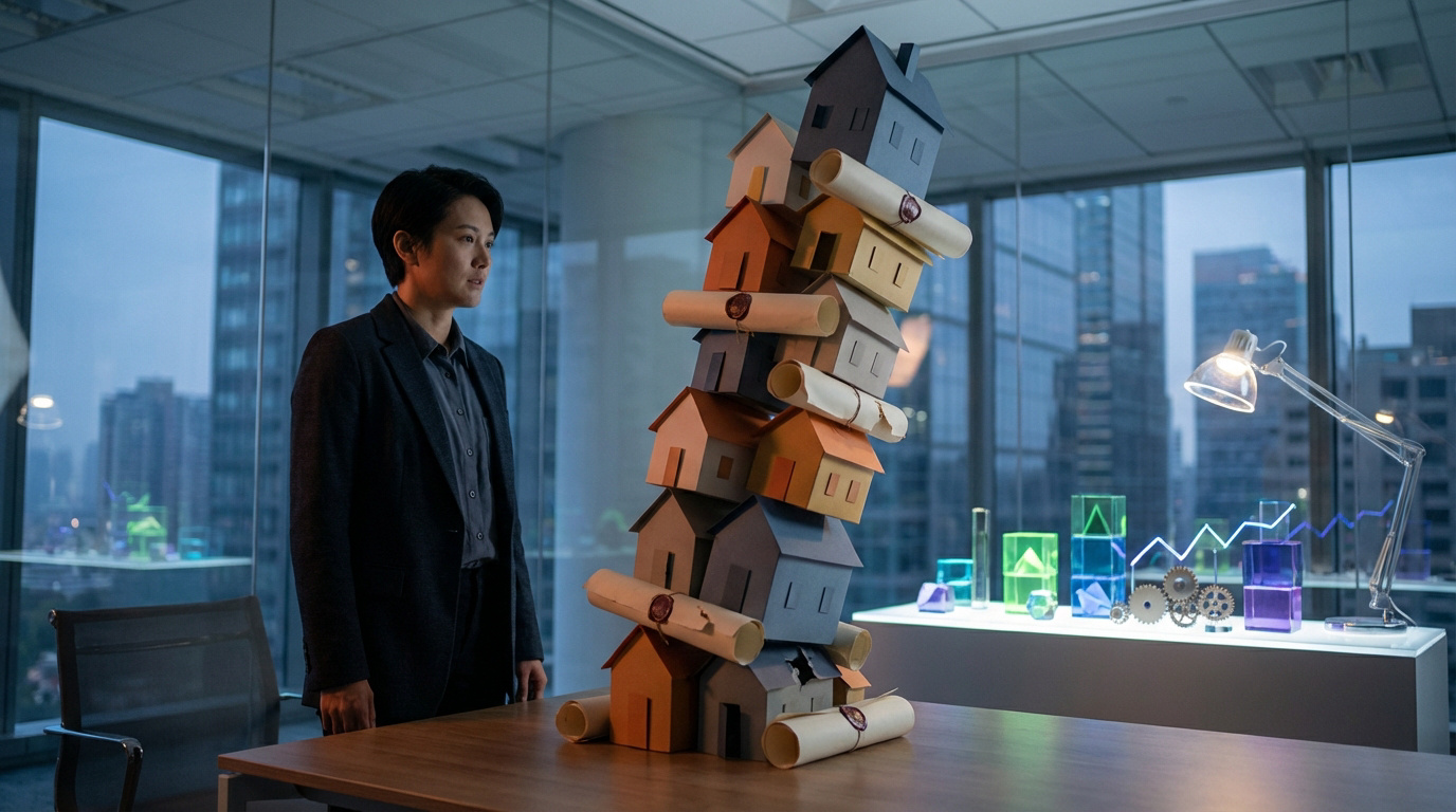 Une personne contemple une pile fragile de maisons en carton et de titres de propriété, représentant un investissement immobilier risqué.