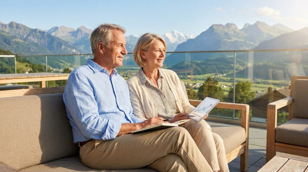 Couple retraité souriant sur une terrasse alpine en Suisse, consultant une tablette avec graphique de croissance. Soleil.