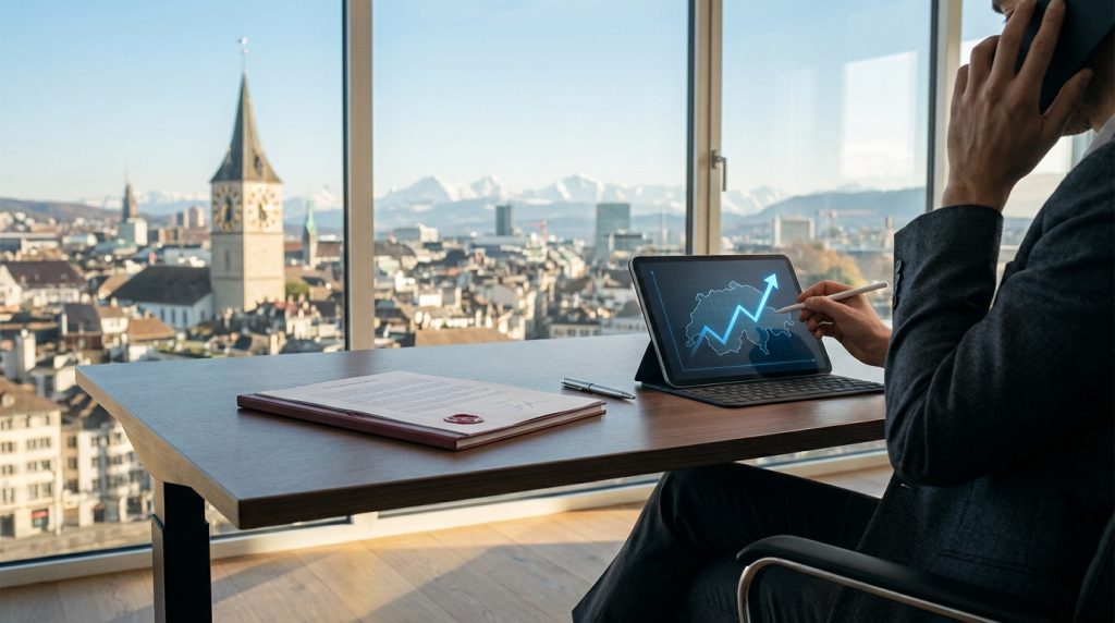 Homme d'affaires travaillant sur tablette avec graphique de croissance et au téléphone, face à une vue panoramique de Zurich et des Alpes.