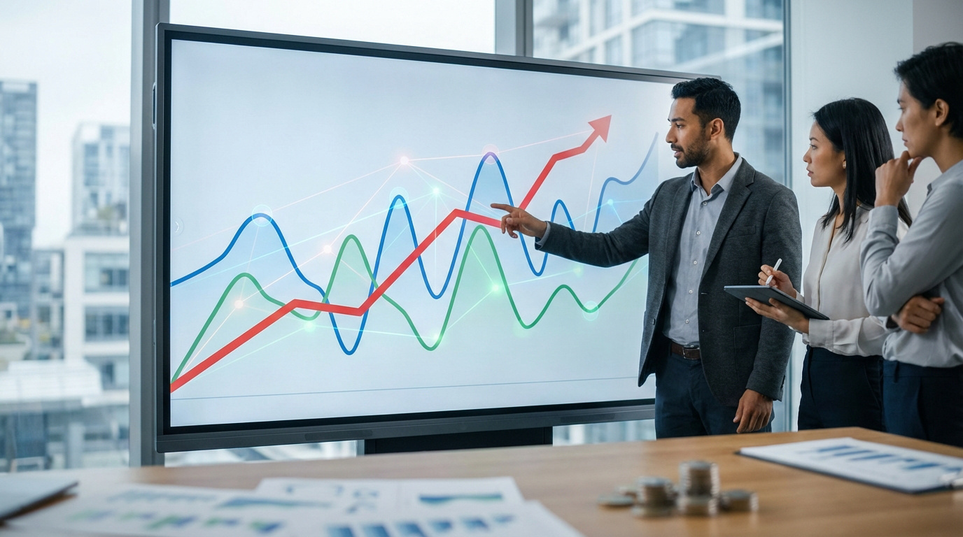 Un homme présente un graphique de tendances économiques (ligne rouge ascendante) à deux collègues, discutant inflation et emploi.