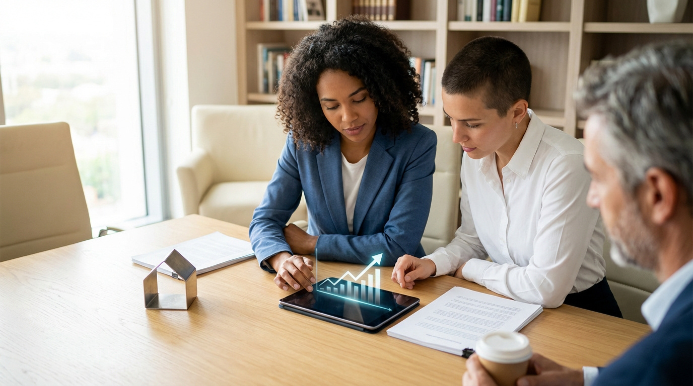 Trois personnes en réunion consultant une tablette avec un graphique de croissance. Un modèle de maison est sur la table.