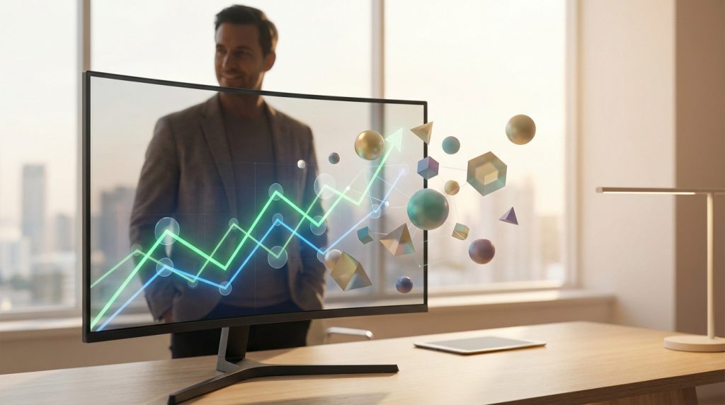 Homme souriant devant un écran de bureau affichant des graphiques de croissance et des formes 3D, symbolisant l'analyse financière et les ETFs.