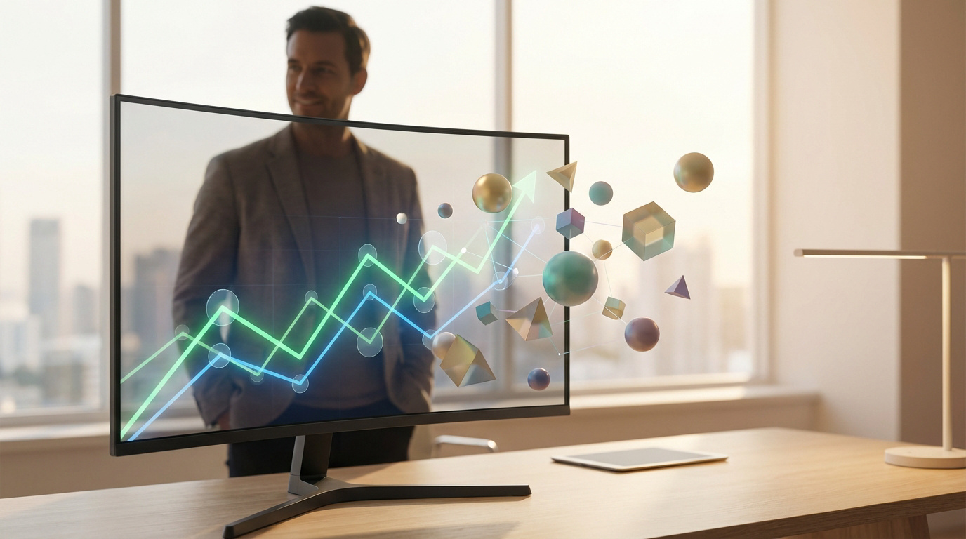 Homme souriant devant un écran de bureau affichant des graphiques de croissance et des formes 3D, symbolisant l'analyse financière et les ETFs.