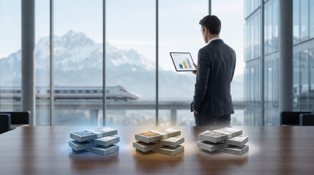 Un homme en costume évalue des piles de francs suisses sur une table, avec des données sur une tablette, face à des montagnes et un train.