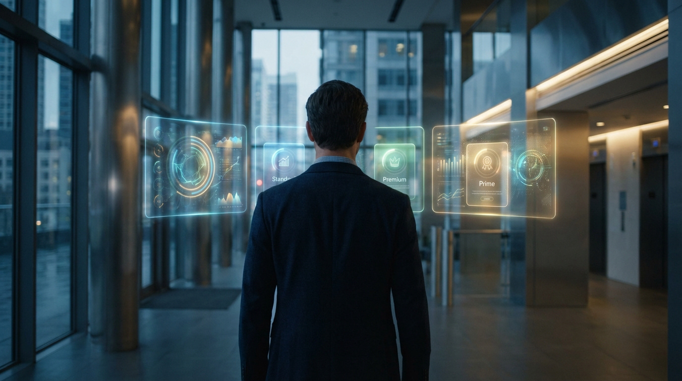 Homme de dos devant des écrans holographiques affichant options de trading (Standard, Premium, Prime) et données financières.