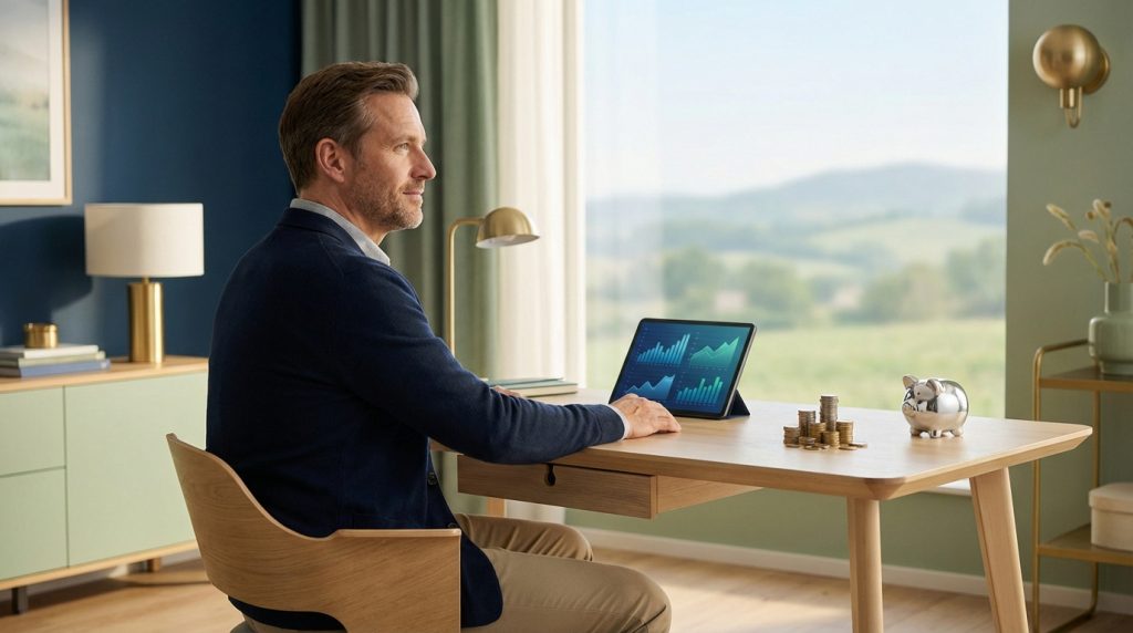 Homme regardant des graphiques financiers sur une tablette, avec des piles de pièces et une tirelire, symbolisant la planification de retraite.