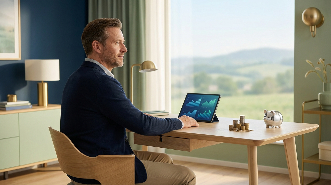 Homme regardant des graphiques financiers sur une tablette, avec des piles de pièces et une tirelire, symbolisant la planification de retraite.