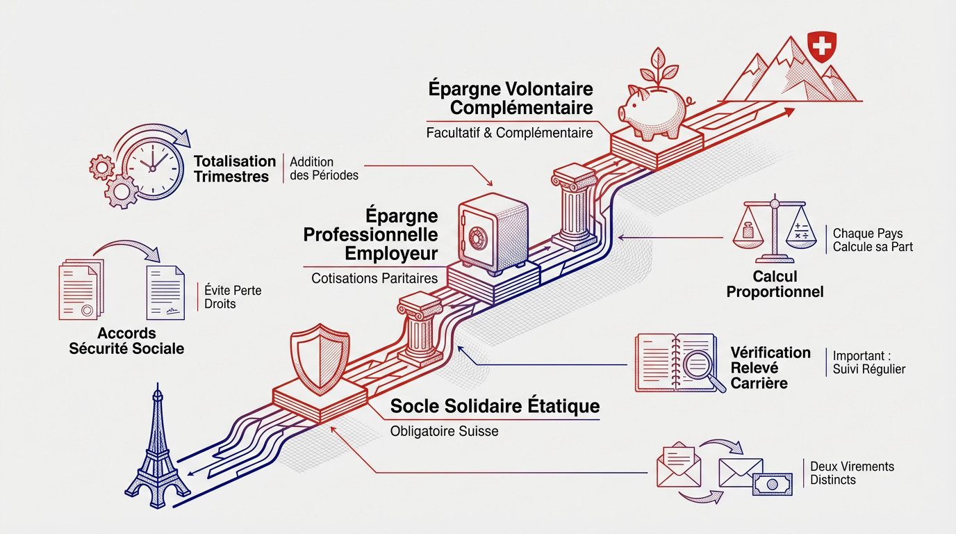 Infographie expliquant les trois piliers du système de retraite suisse pour les frontaliers