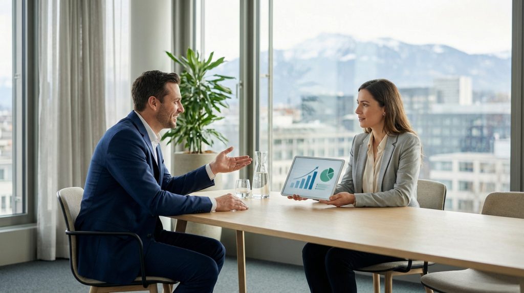 Deux professionnels en réunion, la femme montrant des graphiques sur une tablette. Vue sur la ville et montagnes en arrière-plan.