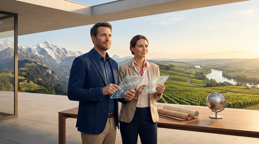 Homme et femme souriants tiennent des tablettes futuristes avec données financières, face aux montagnes suisses et vignobles.